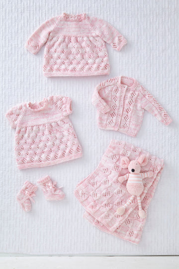 Dress, Cardigan, Blanket and Bootees in King Cole Little Treasures DK - 5856 - Leaflet