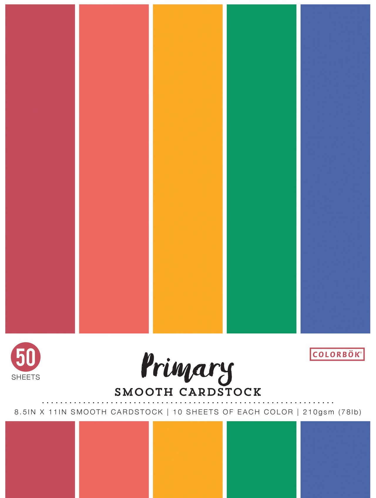 American Crafts Colorbok 78lb Smooth Cardstock 8.5"X11" 50/Pkg - Primary, 5 Colors/10 Each