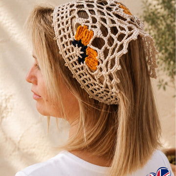 Boho Bandana with Floral Motif, Freeform Mesh and Filet Crochet Design (H8)