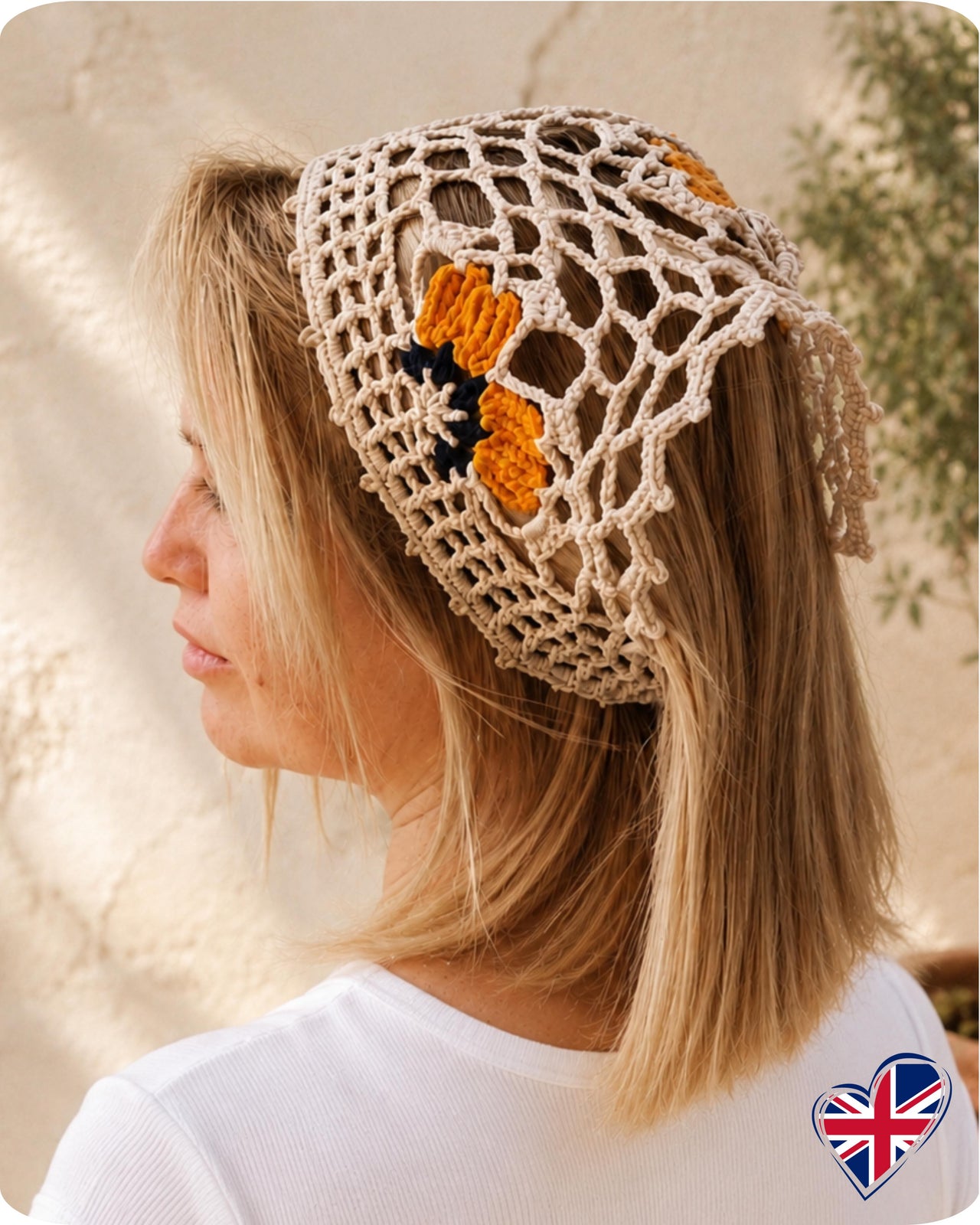 Boho Bandana with Floral Motif, Freeform Mesh and Filet Crochet Design (H8)