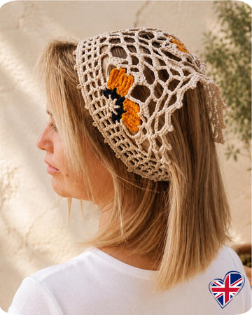 Boho Bandana with Floral Motif, Freeform Mesh and Filet Crochet Design (H8)