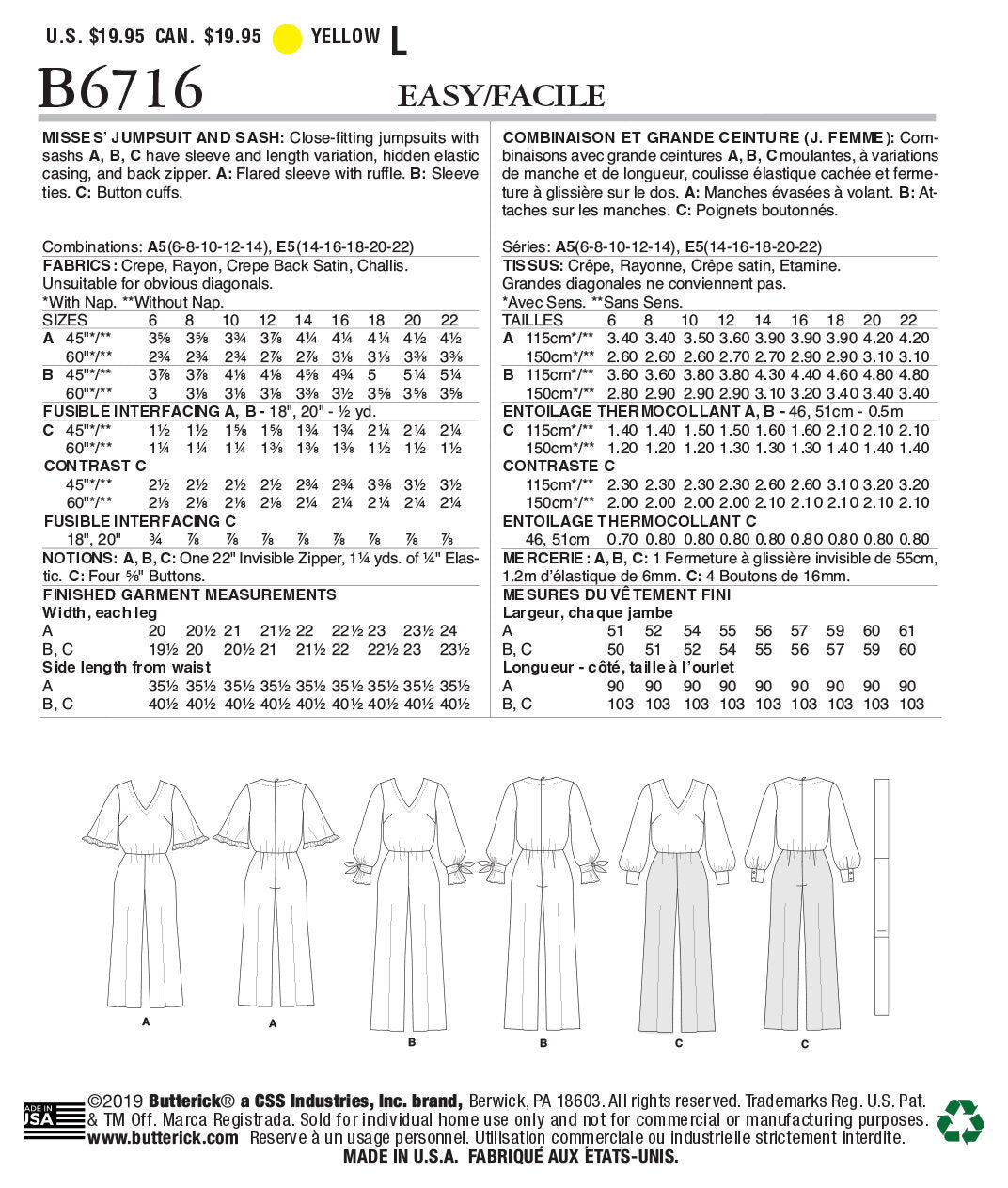 Butterick Misses' Jumpsuit & Sash B6716 - Sewing Pattern