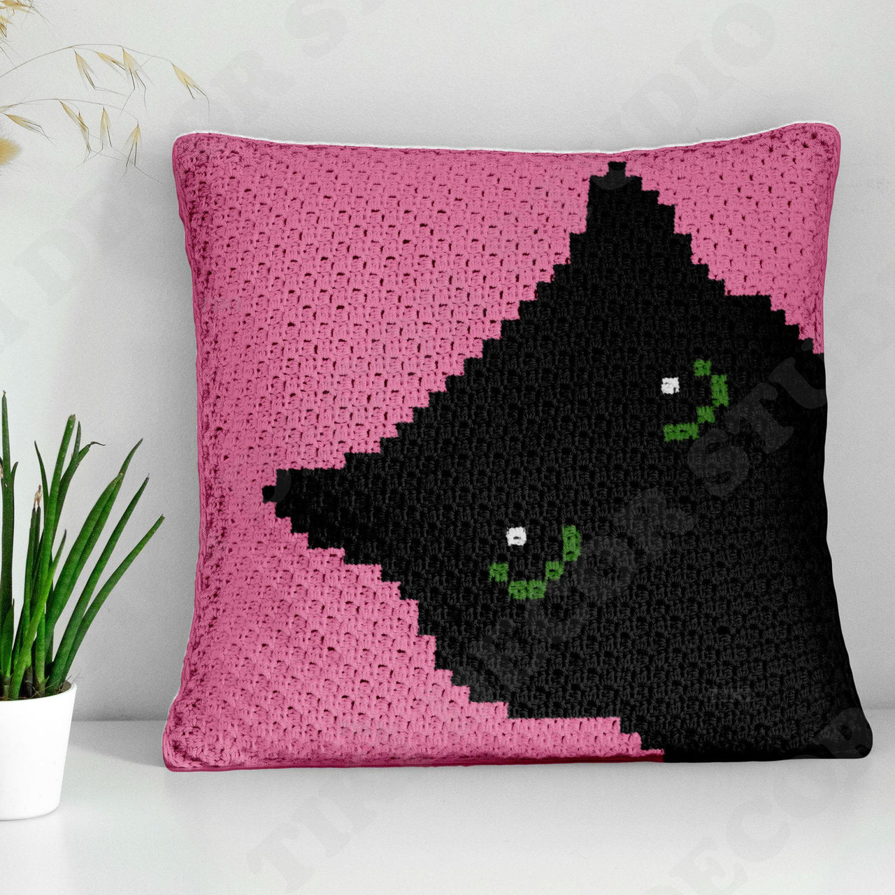 Halloween Black Cat Pink Pillow C2C CROCHET PATTERN 42x42 Squares