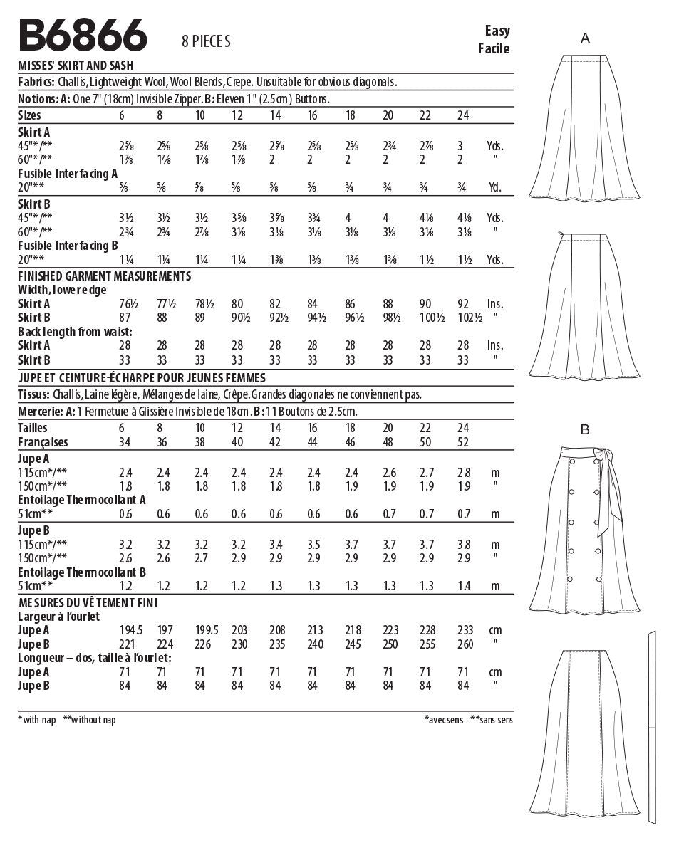 Butterick Misses' Skirt and Sash B6866 - Sewing Pattern