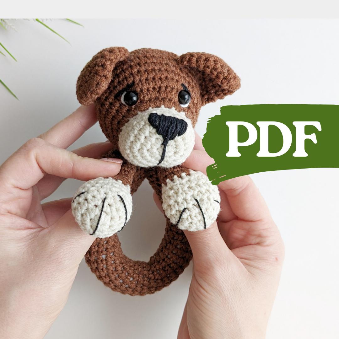 Crochet dog pattern, baby rattle dog amigurumi pattern, crochet baby gift idea