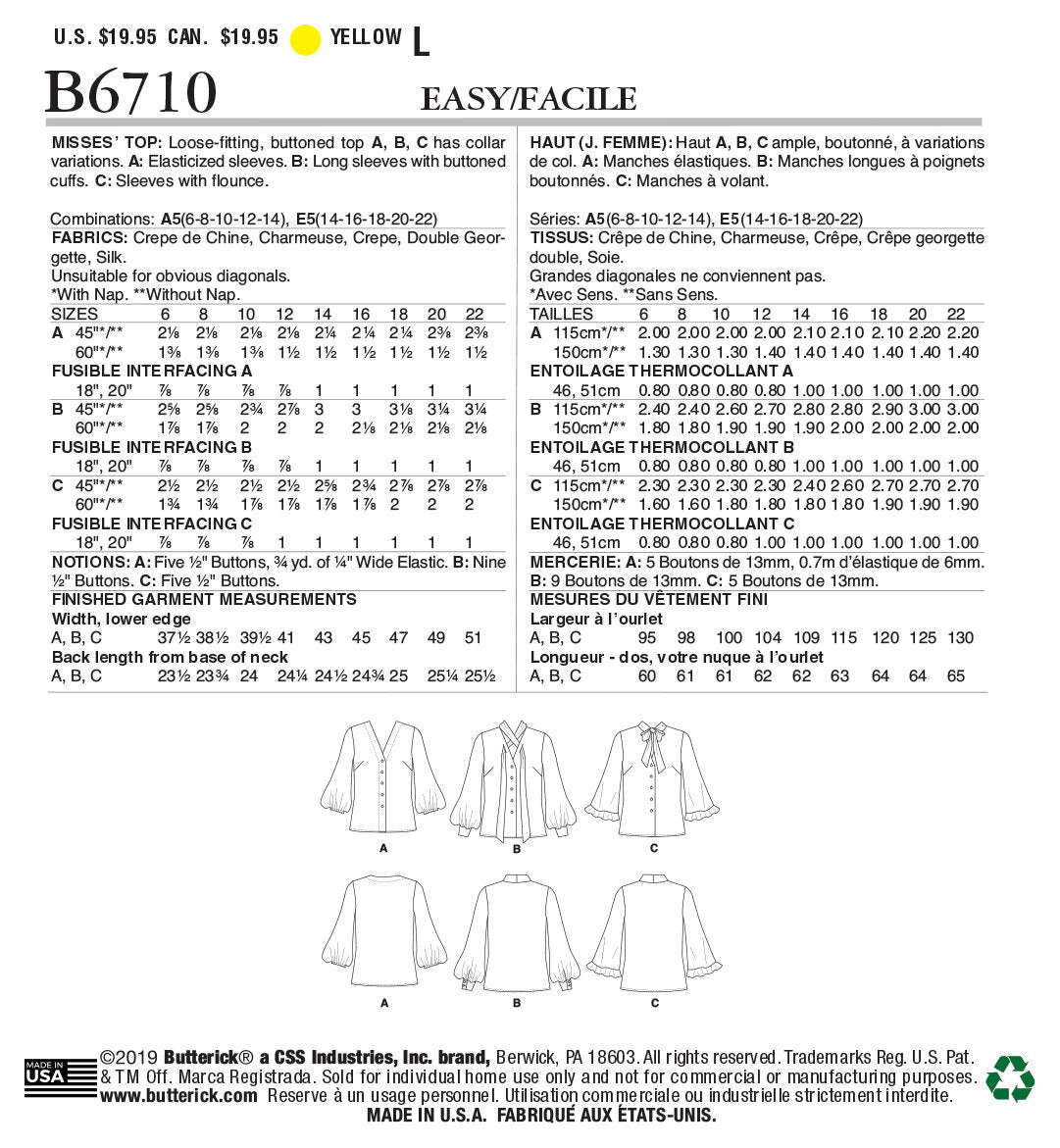 Butterick Misses' Top B6710 - Sewing Pattern