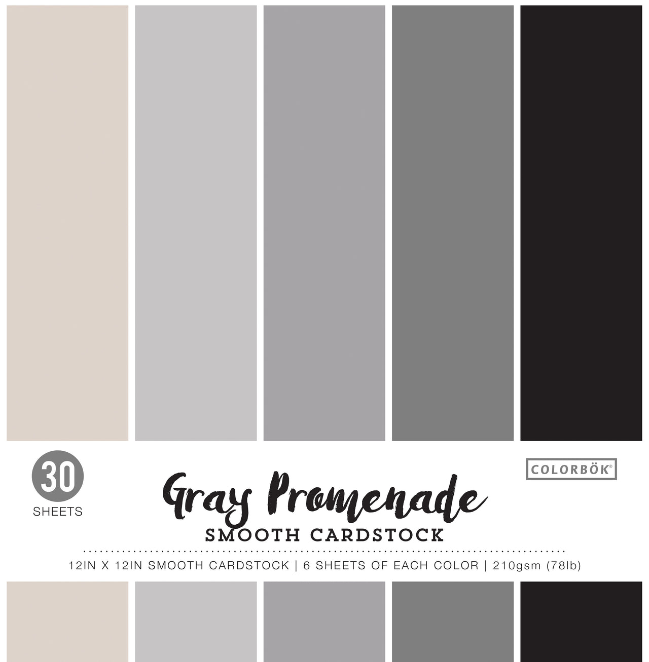 American Crafts Colorbok 78lb Smooth Cardstock 12"X12" 30/Pkg - Gray Promenade, 5 Colors/6 Each