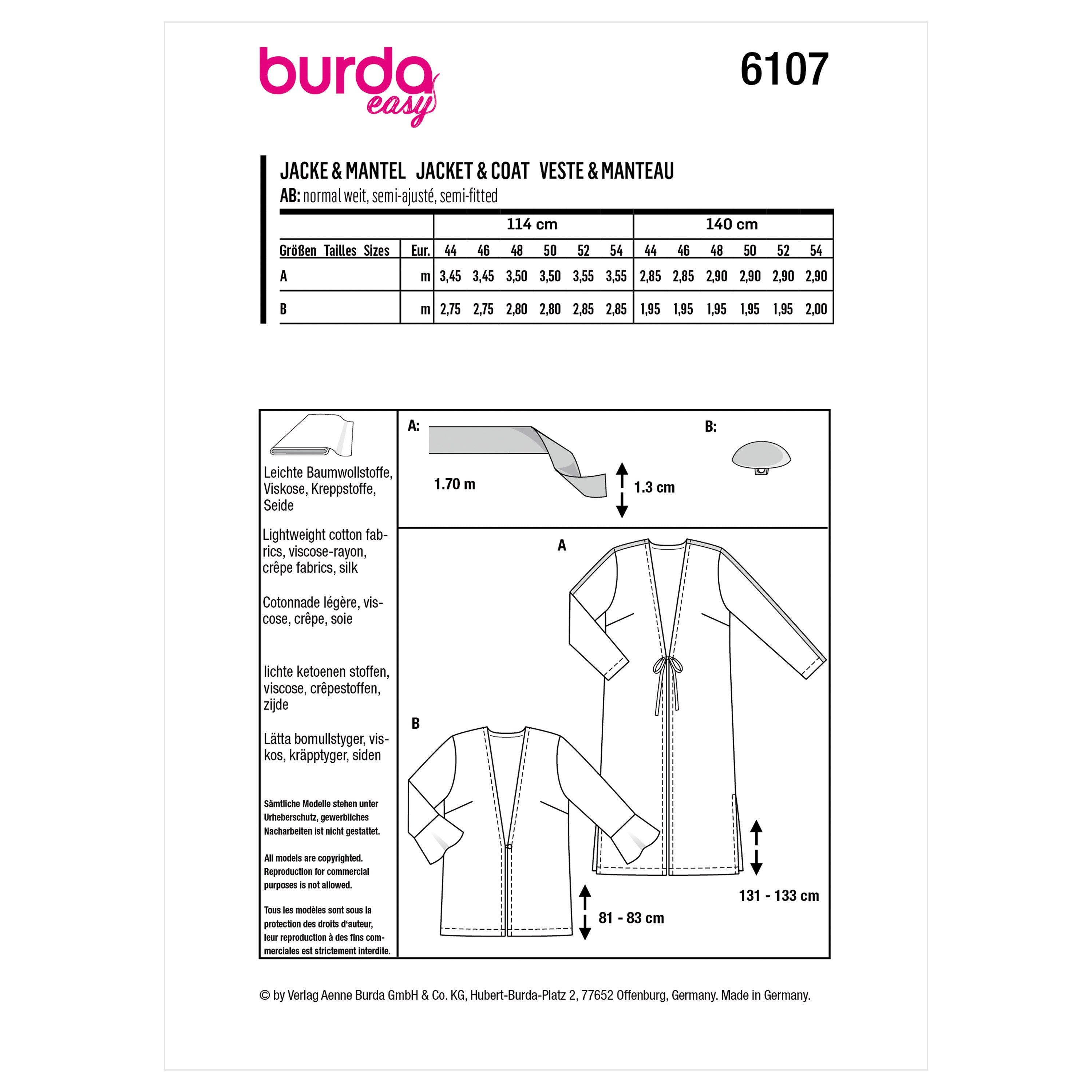 Burda Style Women's Blouson Jacket B6107 - Paper Pattern, Size 18-28