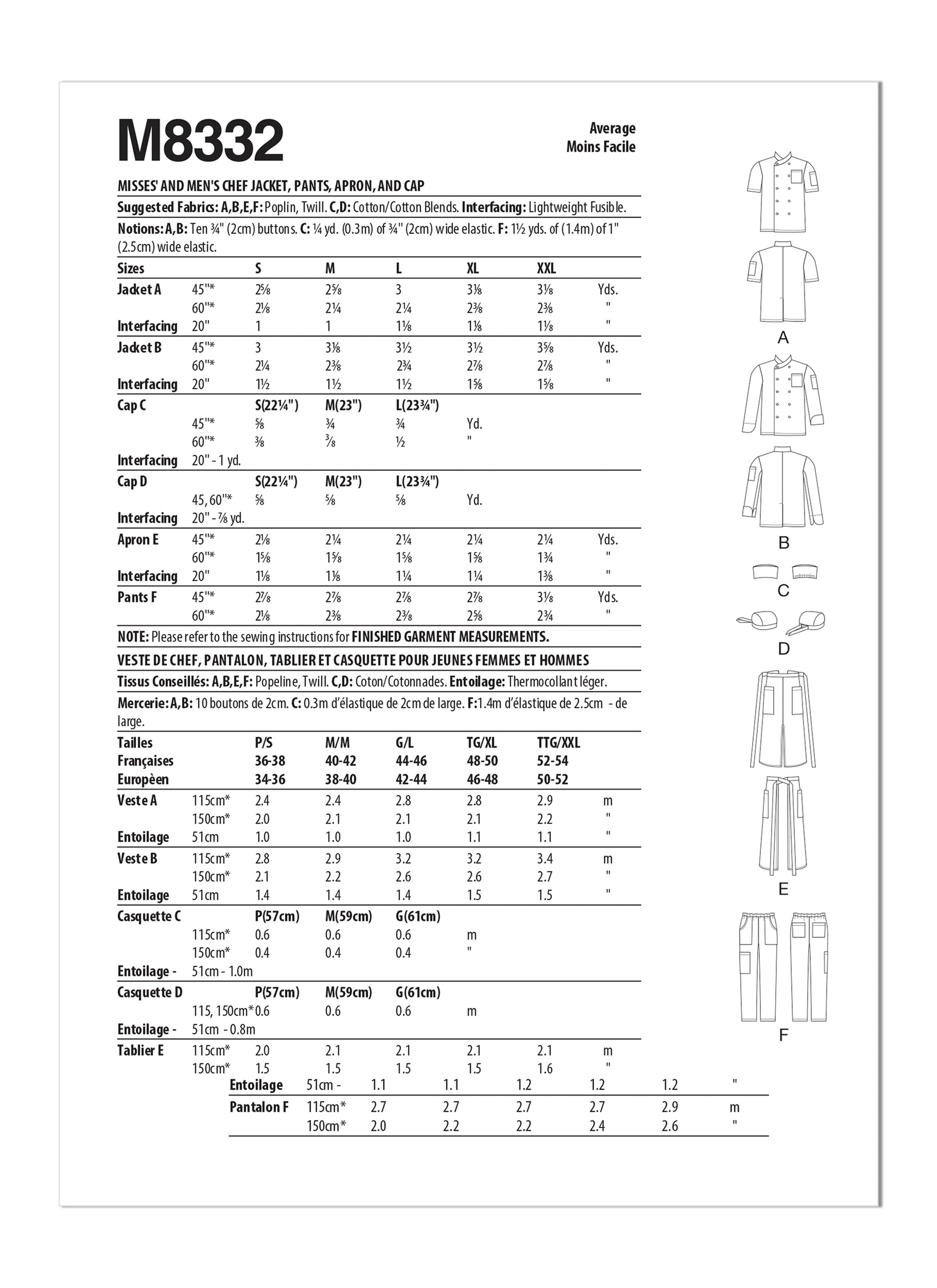 McCall's Misses' and Men's Chef Jacket, Pants, Apron and Cap M8332 - Paper Pattern, Size S-M-L-XL-XXL