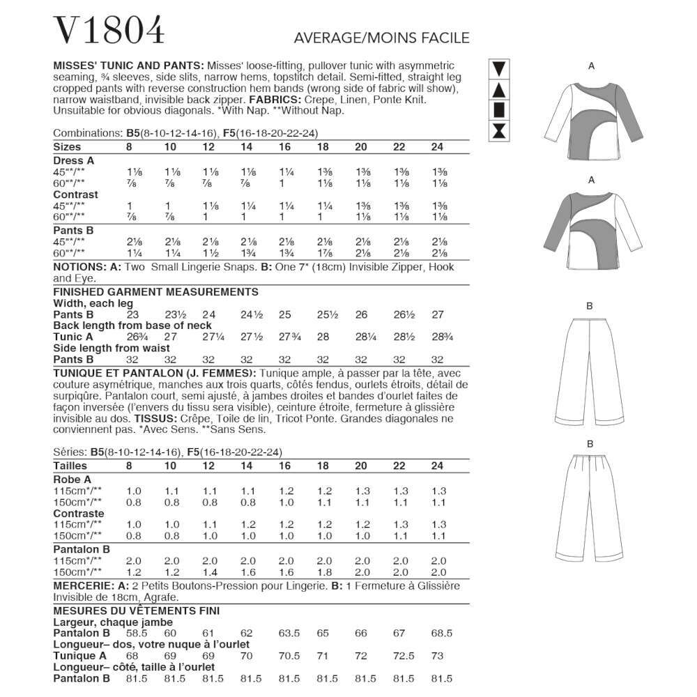 Vogue Misses' Tunic & Pants V1804 - Sewing Pattern