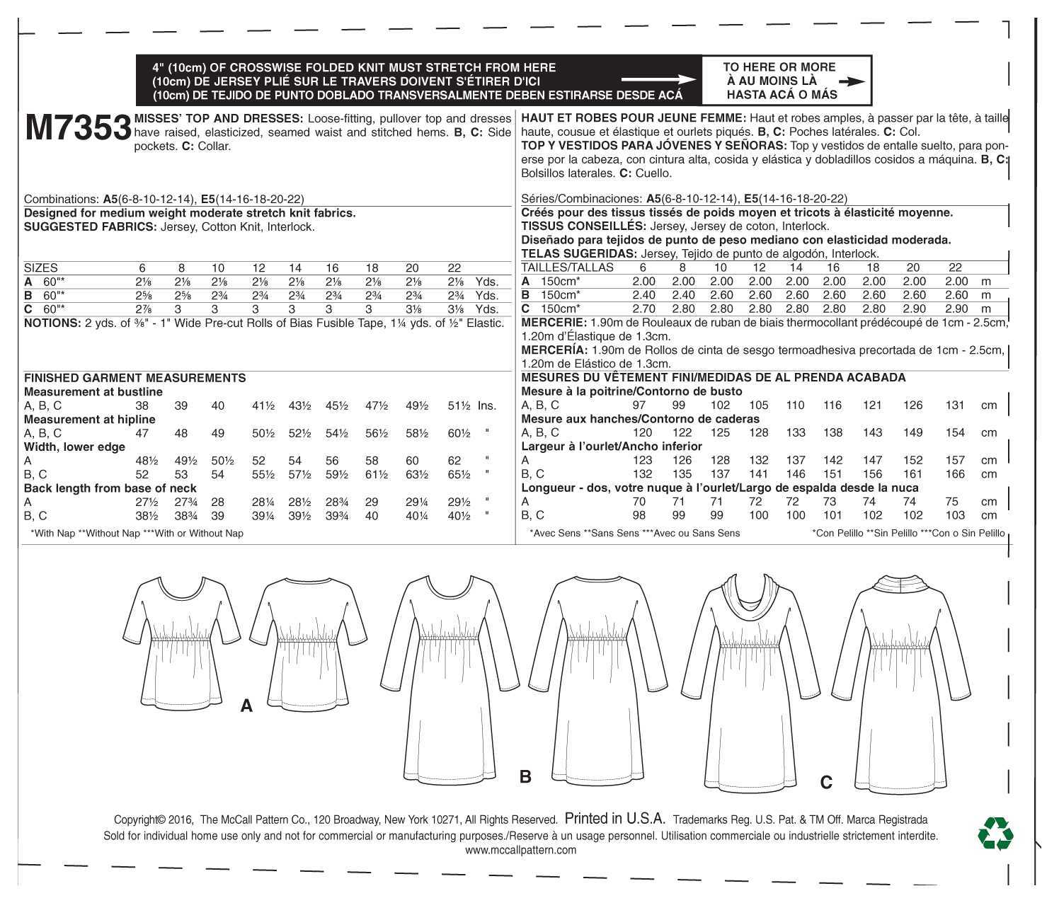McCall's Misses' Raised Elastic-Waist Top and Dresses M7353 - Sewing Pattern