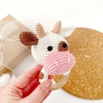 Cow crochet pattern Baby rattle toy Amigurumi farm animal Teether ring