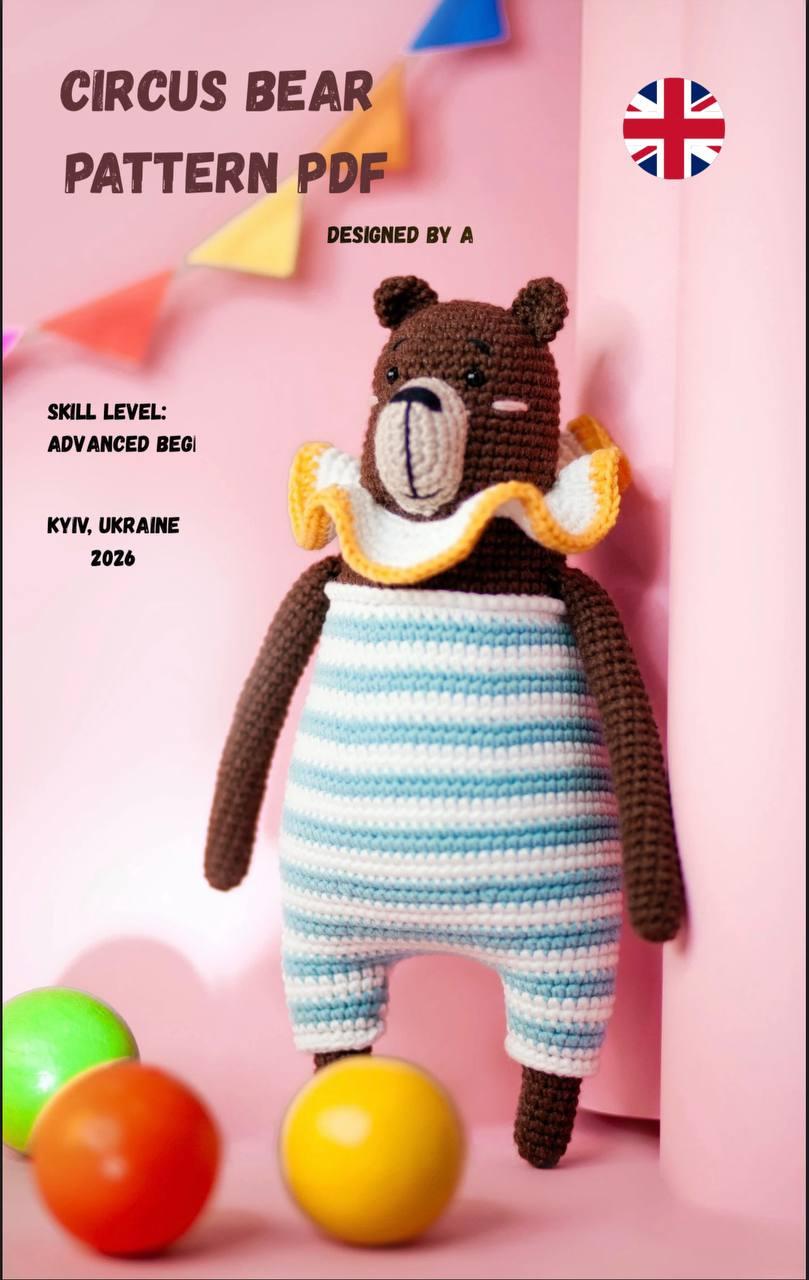 Circus Bear Crochet Pattern PDF – Amigurumi Teddy in Striped Romper
