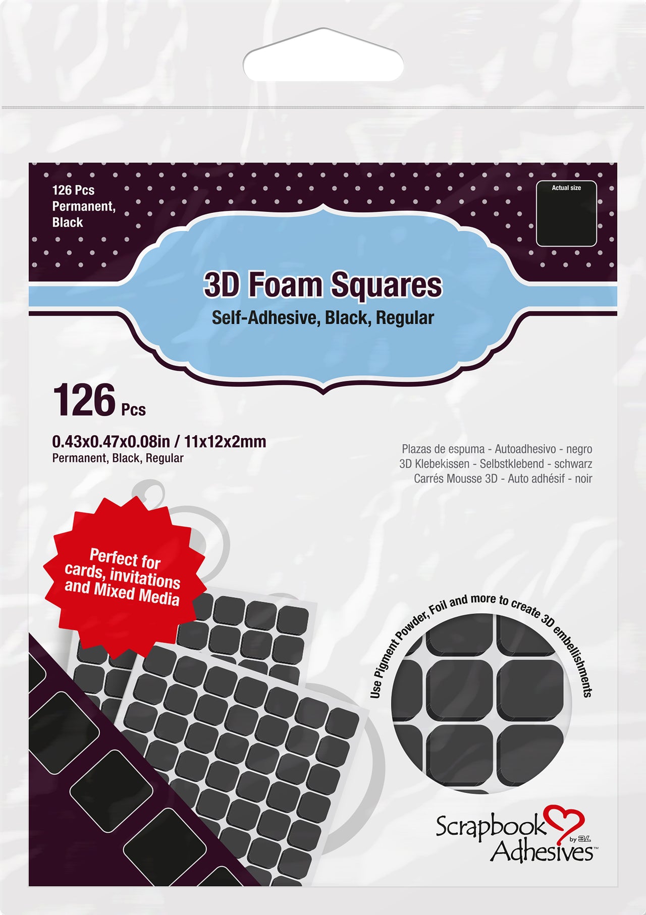 3L Scrapbook Adhesives 3D Self-Adhesive Foam Squares 126/Pkg - Black, .5"X.5"