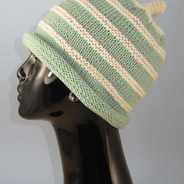 Stripe Roll Brim Topknot Beanie Hat