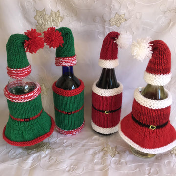 DK straight needles knitting pattern Santa and Elf Christmas wine bottle hat jacket & dress