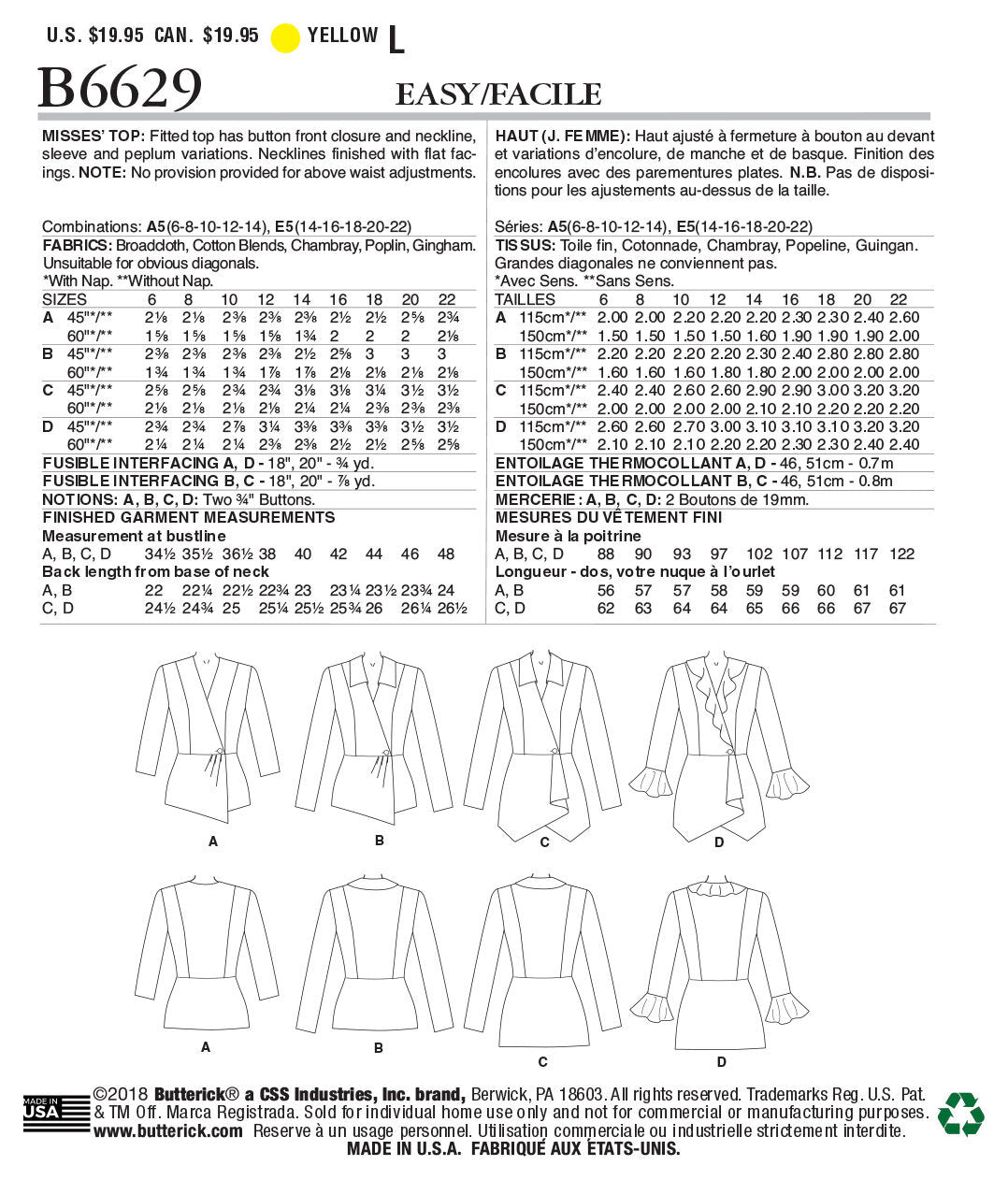 Butterick Misses' Top B6629 - Sewing Pattern