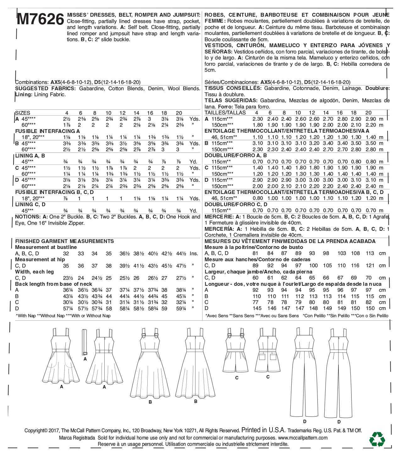 McCall's Misses' Dresses, Belt, Romper, and Jumpsuit with Pockets M7626 - Sewing Pattern