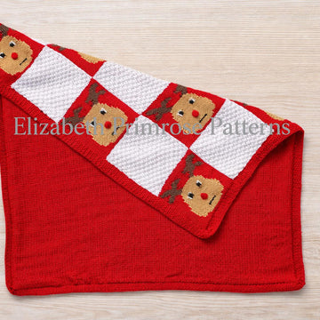 Rudolph Christmas Blanket Knitting Pattern with Basketweave Squares | P129 | Elizabeth Primrose Patterns