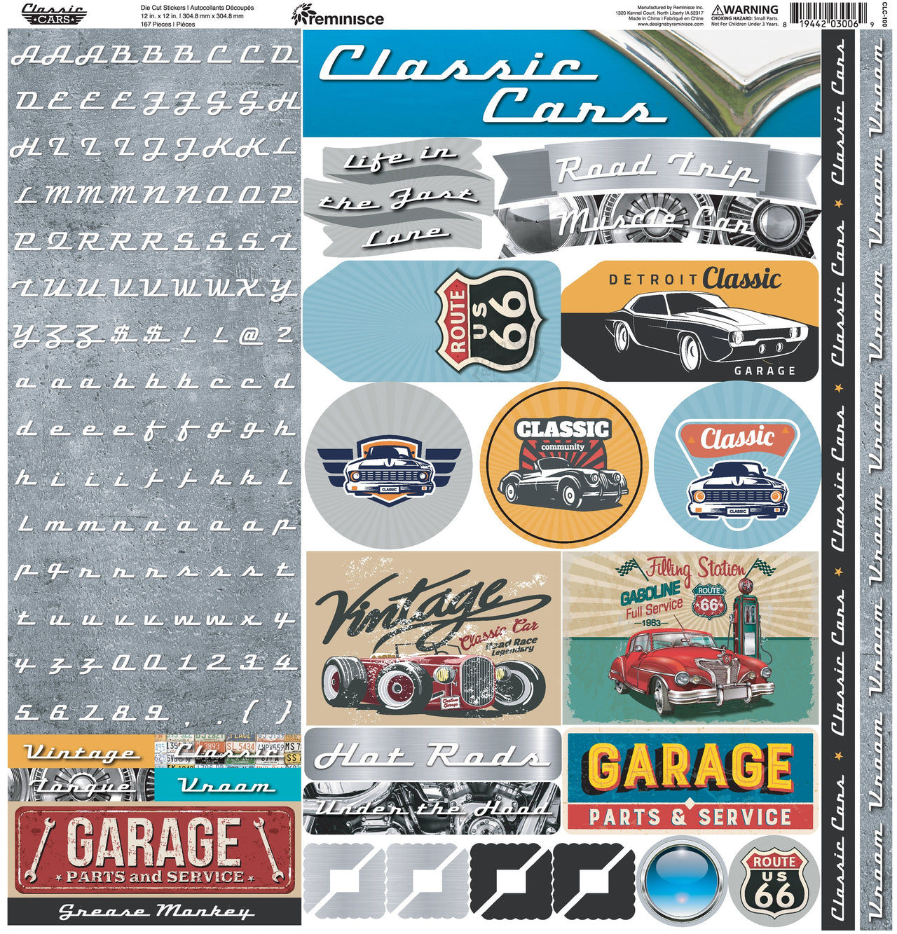 Reminisce Alpha Combo Cardstock Stickers 12"X12" - Classic Cars