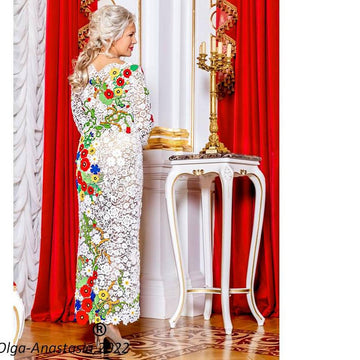 Wedding lace dress with poppies and cornflowers