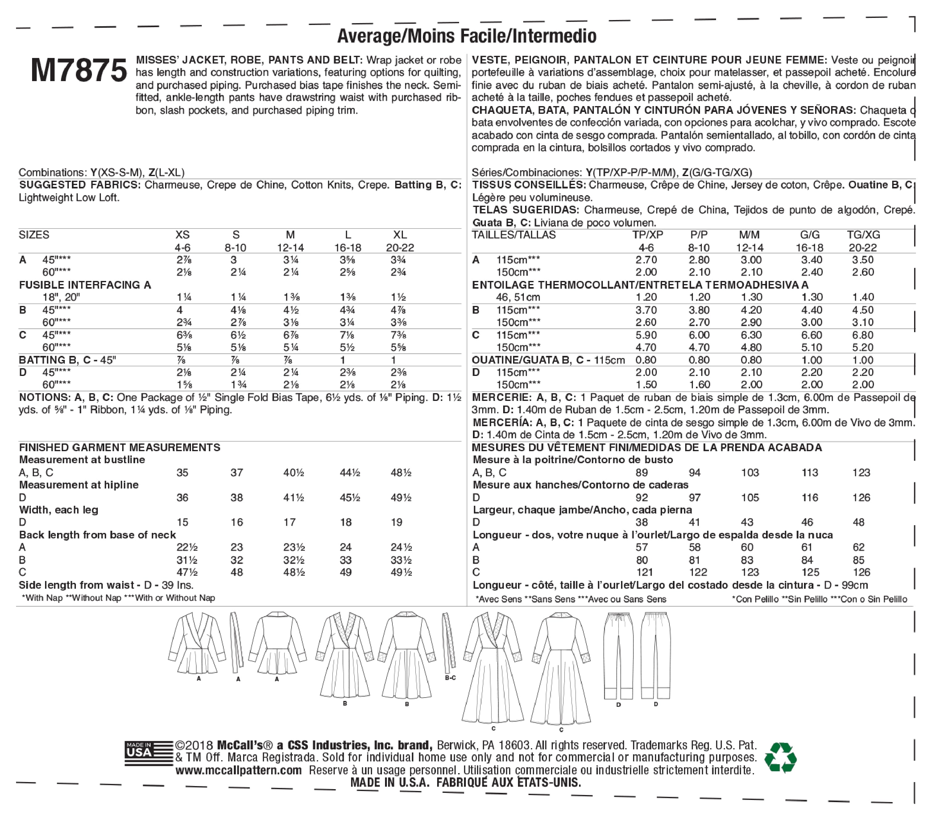 McCall's Misses' Jacket, Robe, Pants and Belt M7875 - Sewing Pattern