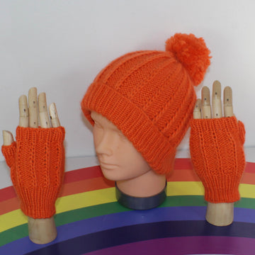 Toddler & Child Aran Fishermans Rib Bobble Beanie & Gloves CIRCULAR