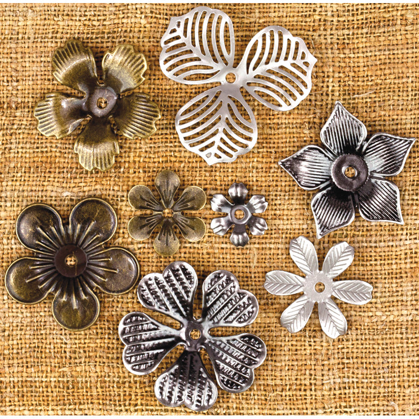 Prima Marketing Finnabair Vintage Mechanicals Metal Trinkets - Mini Flowers .5" To 1", 8/Pkg