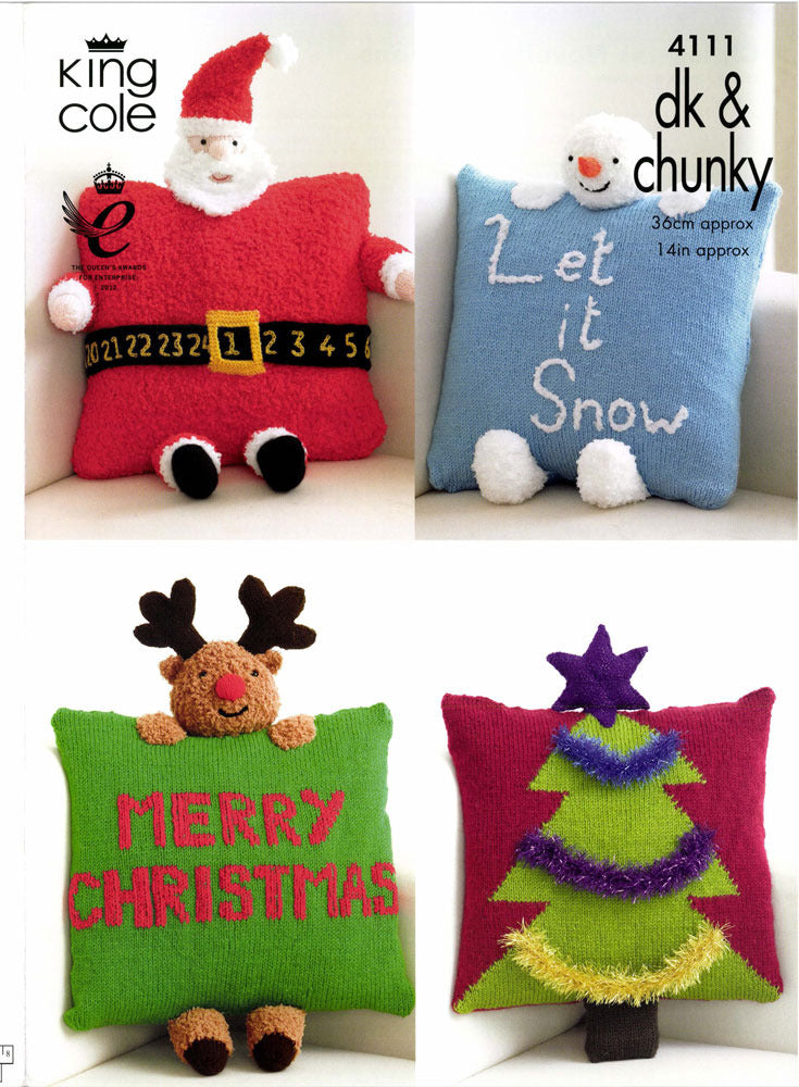 Christmas Novelty Cushions in King Cole Cuddles Chunky and Big Value DK - 4111 - Leaflet