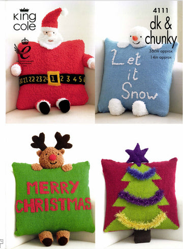 Christmas Novelty Cushions in King Cole Cuddles Chunky and Big Value DK - 4111 - Leaflet