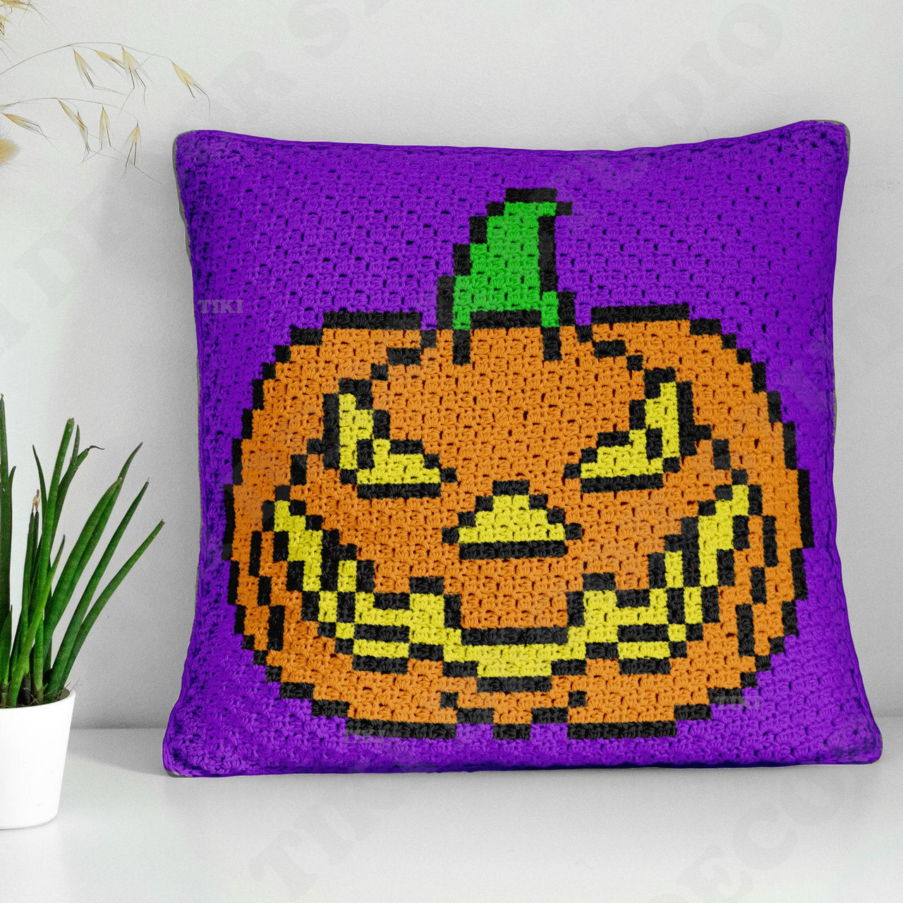 Halloween Cushion All Hallows' Eve Pumpkin Purple Pillow Crochet Pattern Mini-C2C