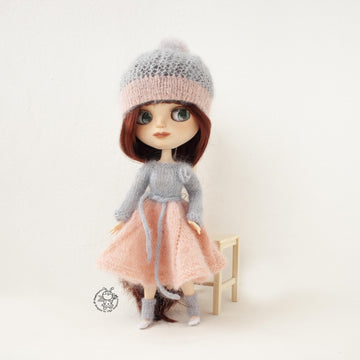 Pink and gray outfit for doll knitted flat