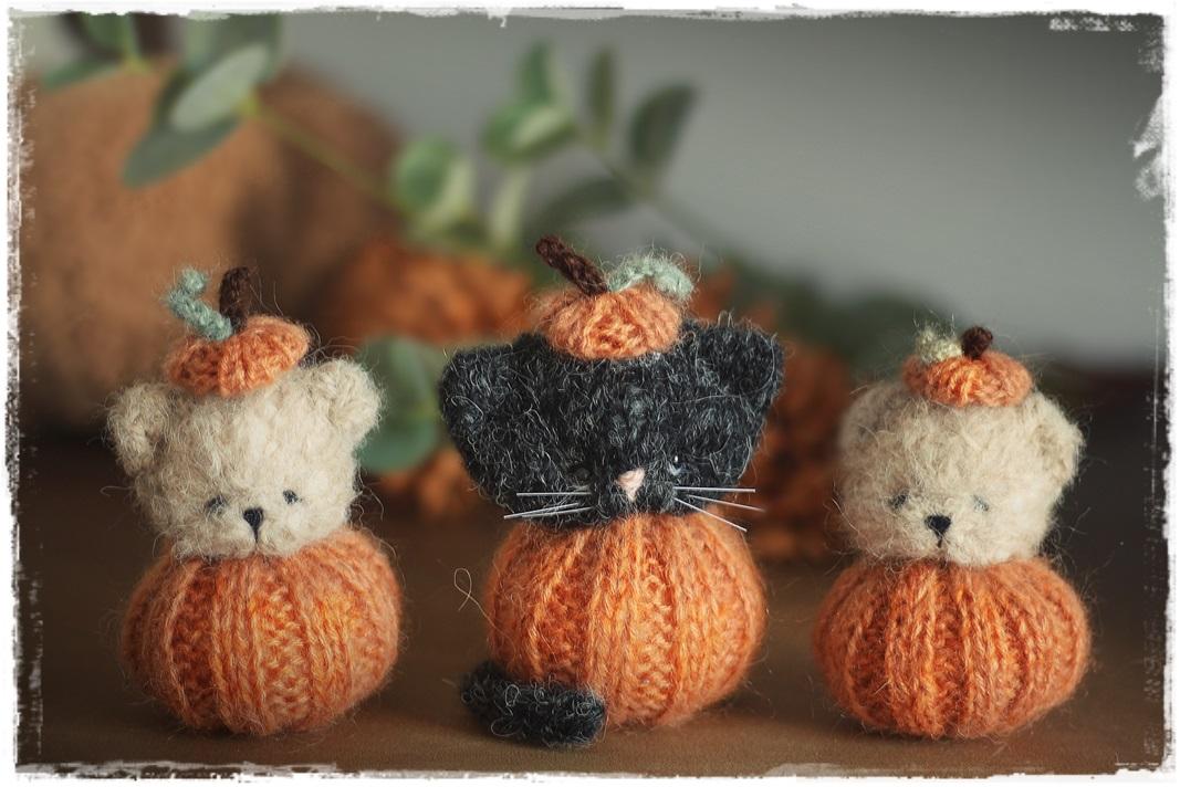 Pumpkin Teddy BEAR and CAT  Knitting Pattern Halloween PDF tutorial, Flat Knit Autumn Decor