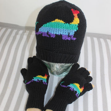Rainbow Dinosaur Beanie and Short Finger Gloves