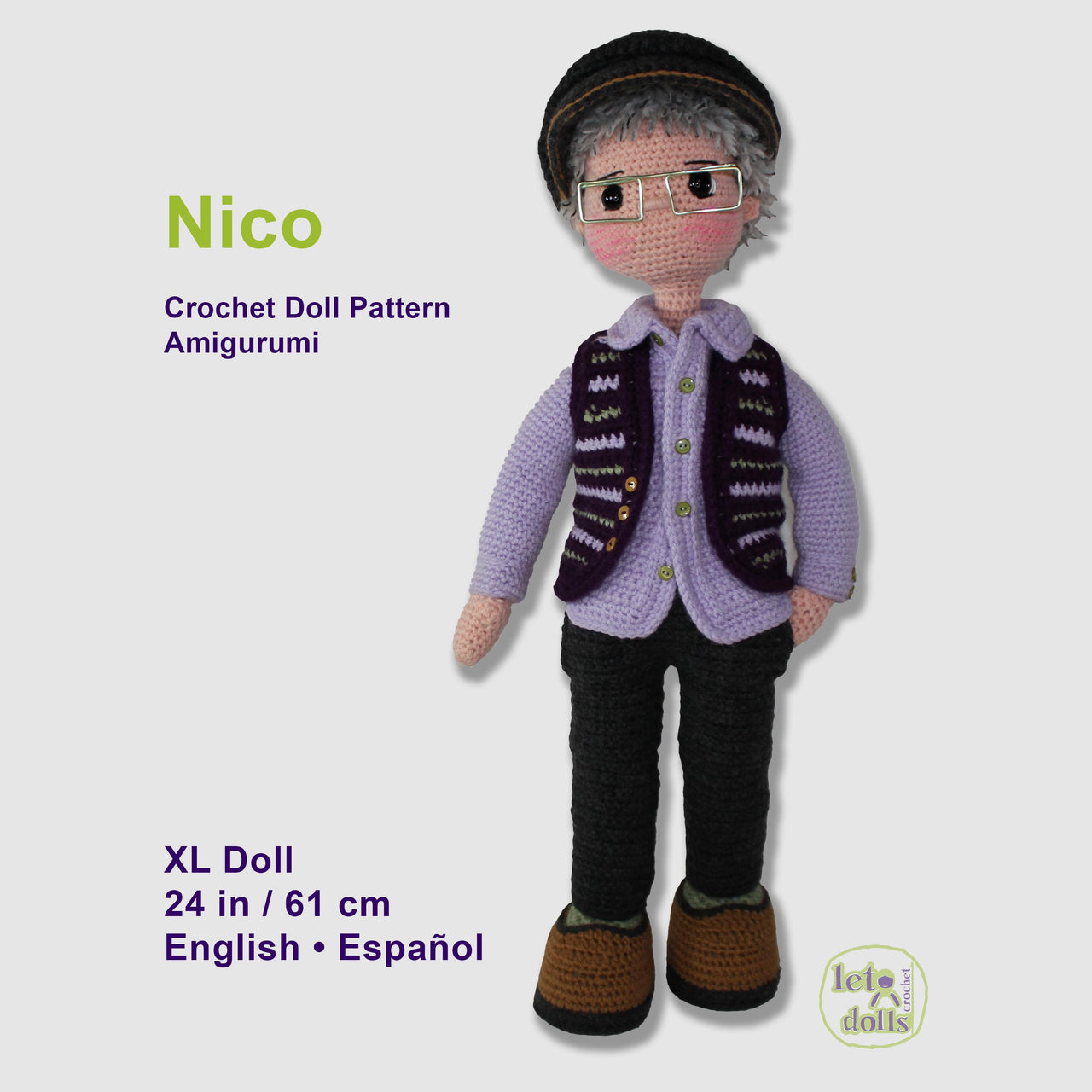 24 inch crochet doll pattern PDF, XL amigurumi doll, Nico
