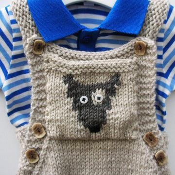 Baby’s Knitted Dungaree with motif pocket (dog or cat) 0-3 years