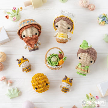 6-in-1 bee farm crochet pattern amigurumi by AradiyaToys mini kingdom beekeeper beehive basket of vegetables DIY handmade tutorial PDF file by AradiyaToys (Olka Novytska)