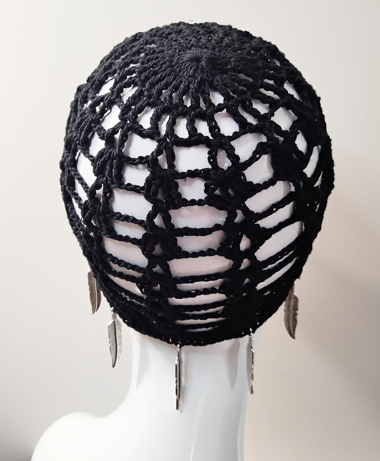Crochet Mesh Skull Cap with Feather Charms