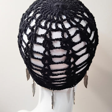 Crochet Mesh Skull Cap with Feather Charms