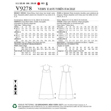 Vogue Misses' Slip-Style Dress with Back Zipper V9278 - Sewing Pattern