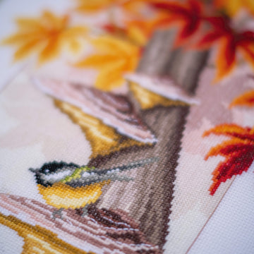 Vervaco Chickadees Between Leaves Cross Stitch Kit - 26 x 37 cm