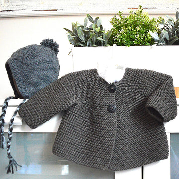 Garter stitch jacket with back pleat and cable hat - P103