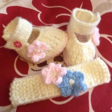 Wide Strap Mary Janes with Flower and matching Hairband and Cuffed Boots