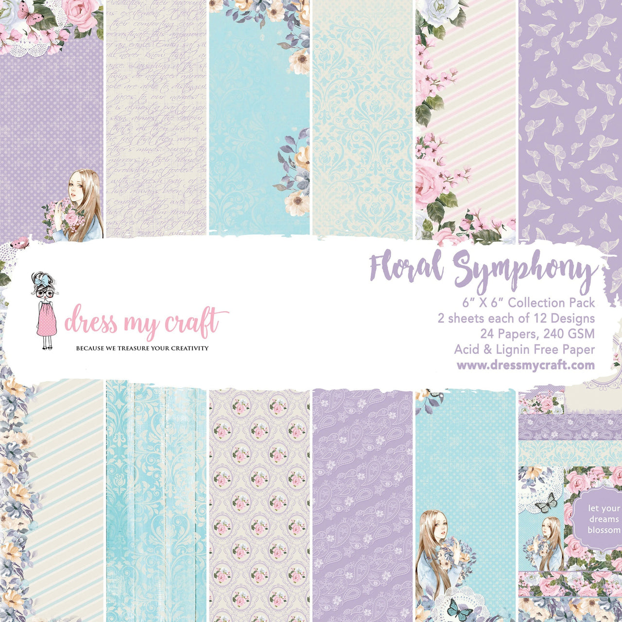 Dress My Crafts Single-Sided Paper Pad 6"X6" 24/Pkg - Floral Symphony, 12 Designs/2 Each