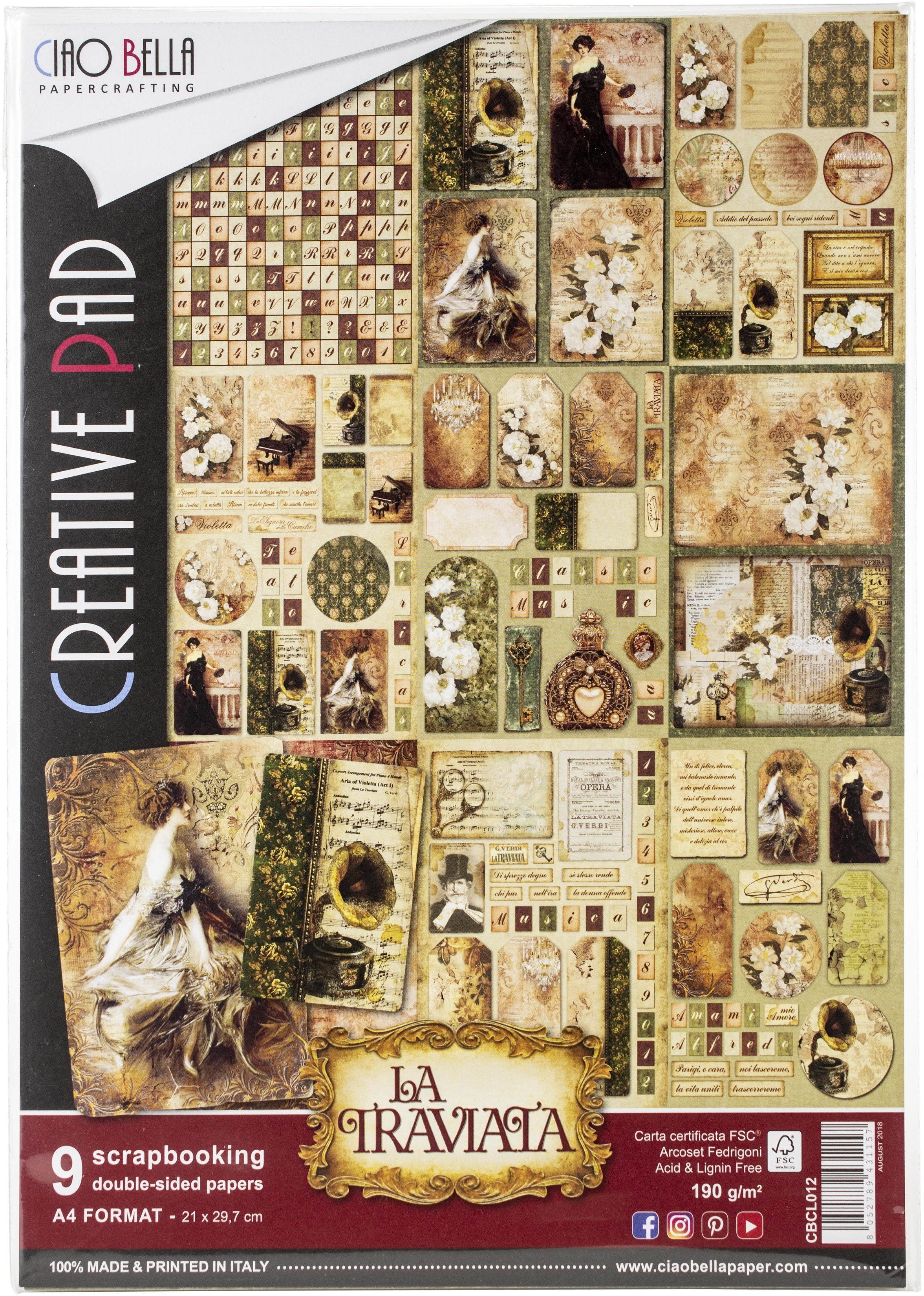 Ciao Bella Double-Sided Creative Pack 90lb A4 9/Pkg - La Traviata, 9 Designs/1 Each
