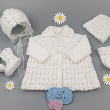 Eira matinee, bonnet or beanie, booties & mitts Baby Knitting Pattern