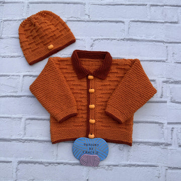 Pumpkin baby knitting pattern cardigan, hat, booties & mitts