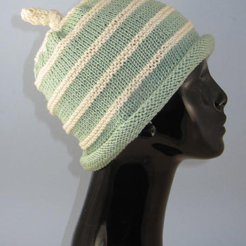 Stripe Roll Brim Topknot Beanie Hat
