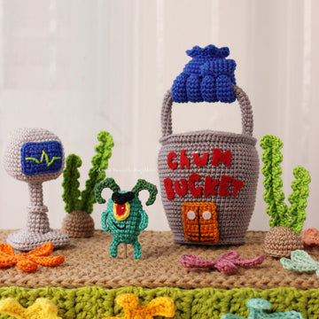 Mini Plankton, Karen & Tiny Chum Bucket – Chibi Amigurumi Crochet Pattern Set (PDF)