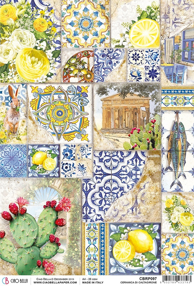 Ciao Bella Rice Paper Sheet A4 5/Pkg - Ceramica di Caltagirone, Sicilia